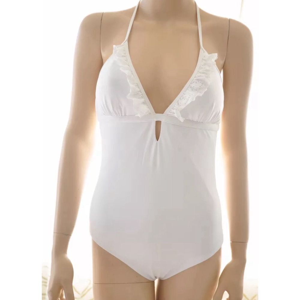 BCBG WHITE ONE PIECE SWIMSUIT BATHING SUIT RUFFLE
